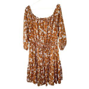 Ryan Michelle Dress XL Tiered Ruffle Smocked Peplum Mustard Yellow Gold Floral